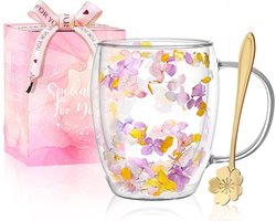 Dubbelwandige glazen koffiemokken, esthetische gedroogde bloemen kopjes met handgrepen, espressokopjes voor cappuccino koffie thee melk, geïsoleerde hittebestendige glazen mok