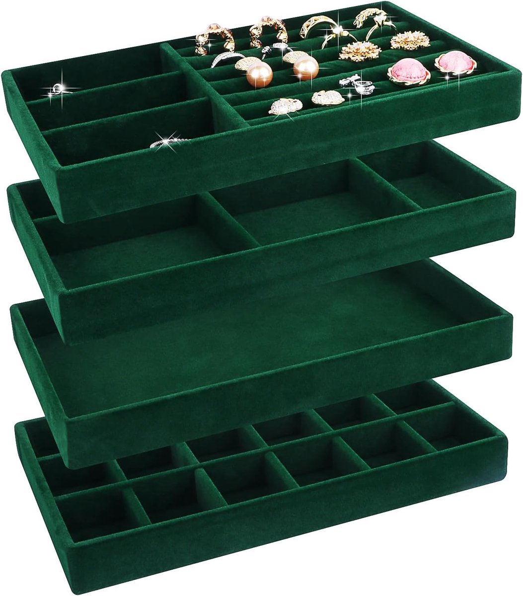 SnelShoppen - Sieradenopslag Lade Sieradendienbladen Organisatoren voor Oorbellen Armbanden Ringen 4 Stuks Groen | Lade-inserts opbergsysteem voor Sie