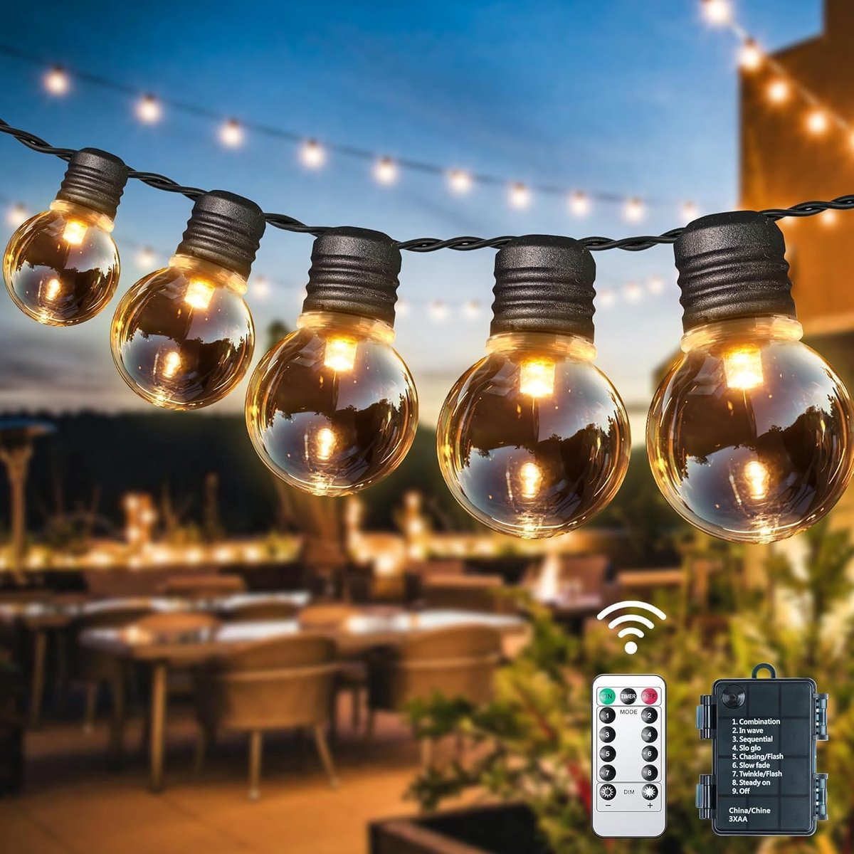 SnelShoppen - Lichtsnoer voor buiten 9 m, 20 LEDs warmwit met afstandsbediening, timer en dimbaar, tuinverlichting IP64 voor tuin, balkon, kerstdecora