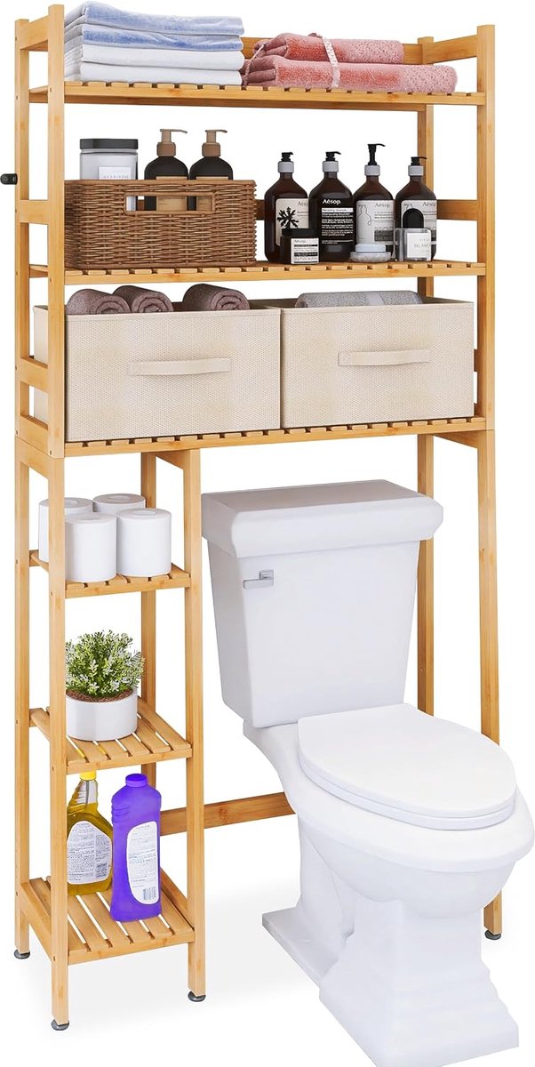 Badkameropbergrek met lade - Bamboe - Vrijstaand toiletopslagrek - Ruimtebesparend voor toilet en wasmachine - ShopVlot