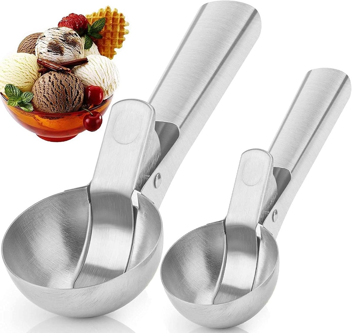 Professionele RVS IJslepel Set van 2 met Antislip Handvat en Trigger - Geschikt voor IJs, Koekjes en Taartdeeg