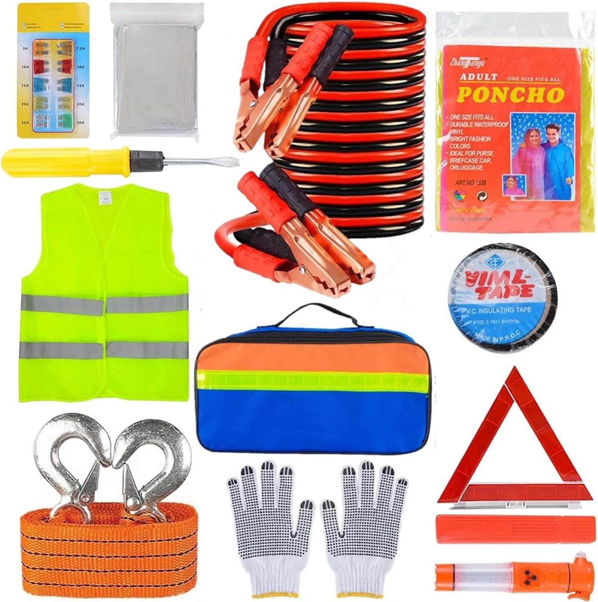 SnelShoppen - 12-in-1 Auto Noodhulpset, Veiligheidsset voor Auto met Gevarendriehoek, Veiligheidsvest, Sleepkabel, Noodhamer, Zaklamp, Gereedschapset