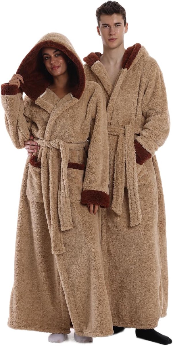SnelShoppen - Uniseks badjas met capuchon van zacht katoenfluweel, ademend, lange mouwen, 2 zakken, ideaal voor thuis, wellness, sauna, en reizen, een