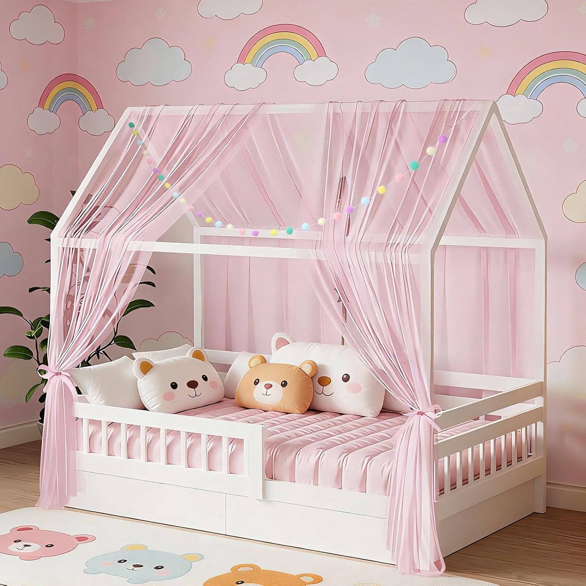 SnelShoppen - 2 stuks huisbedhemel voor kinderbed, 160 x 350 cm met gekleurde pomponslinger, ademende gordijnen en bevestigingsbanden, roze, decoratie