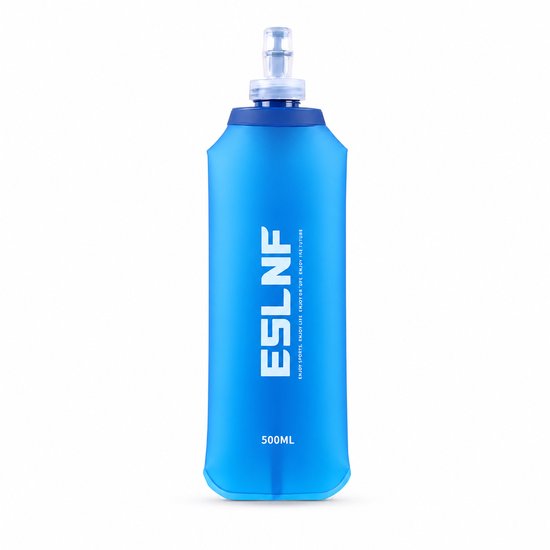 Blauwe, zachte 500ml fles met logo ESLNF en dop.