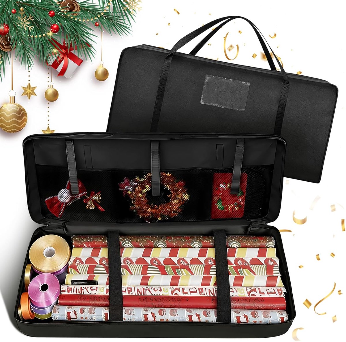SnelShoppen - Cadeaupapier-opslag 82 x 13 x 34 cm | Cadeaupapier-organizer met netzak en kaartzakje, zwart, 600D Oxford-stof voor feest, verjaardag, k