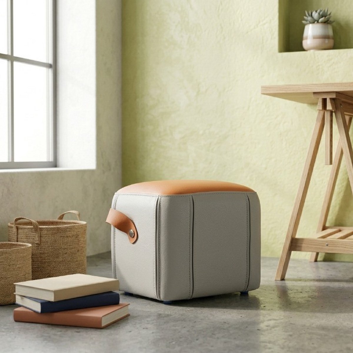 KOMHTOM - Moderne hocker - PU-lederen handgreep - Gepolsterde zitting - PU-lederen bekleding - Multifunctionele poef - Ideaal voor de woonkamer en slaapkamer