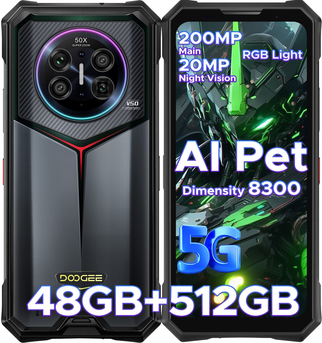 DOOGEE V50 5G - AI telefoon - Robuuste Smartphone - Android 16 - Dimensity 8300 - 48GB RAM + 512GB ROM / 2TB TF - 11000mAh/66W - RGB-sfeerlicht- 6,78 inch FHD+ - 200MP + 32MP -NFC - Face ID - Gemini AI -WIFI6E -Vingerafdrukherkenning - GPS