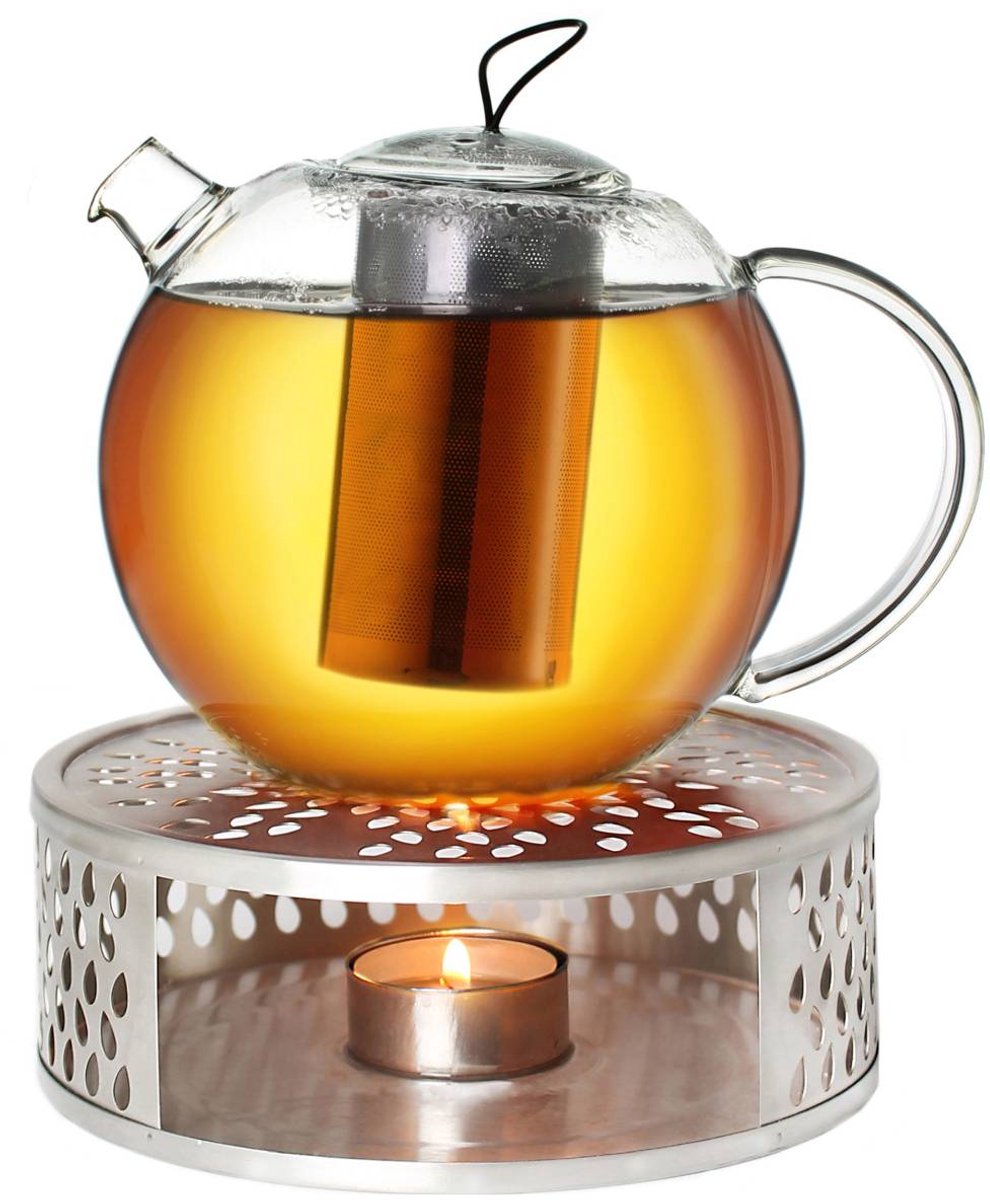 Creano glazen theepot 1,5l Jumbo + een rvs theelicht, 3-delige glazen theepot met geïntegreerd roestvrijstalen filter en glazen deksel, ideaal voor het zetten van losse thee, druppelvrij