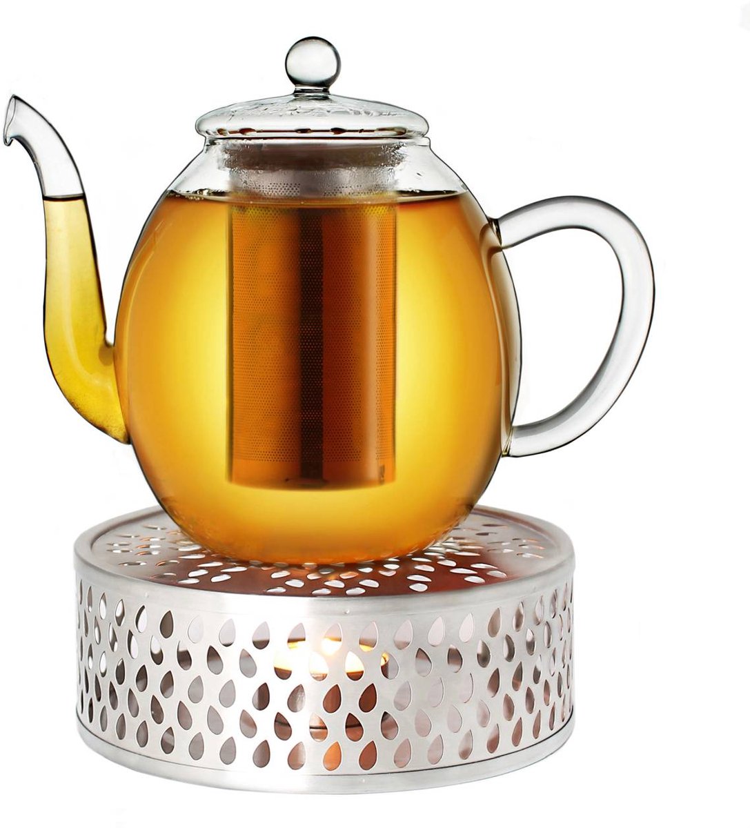 Creano glazen theepot 1,0l + rvs theelicht, 3-delige glazen theepot met geïntegreerd rvs filter en glazen deksel, ideaal voor losse thee, druppelvrij