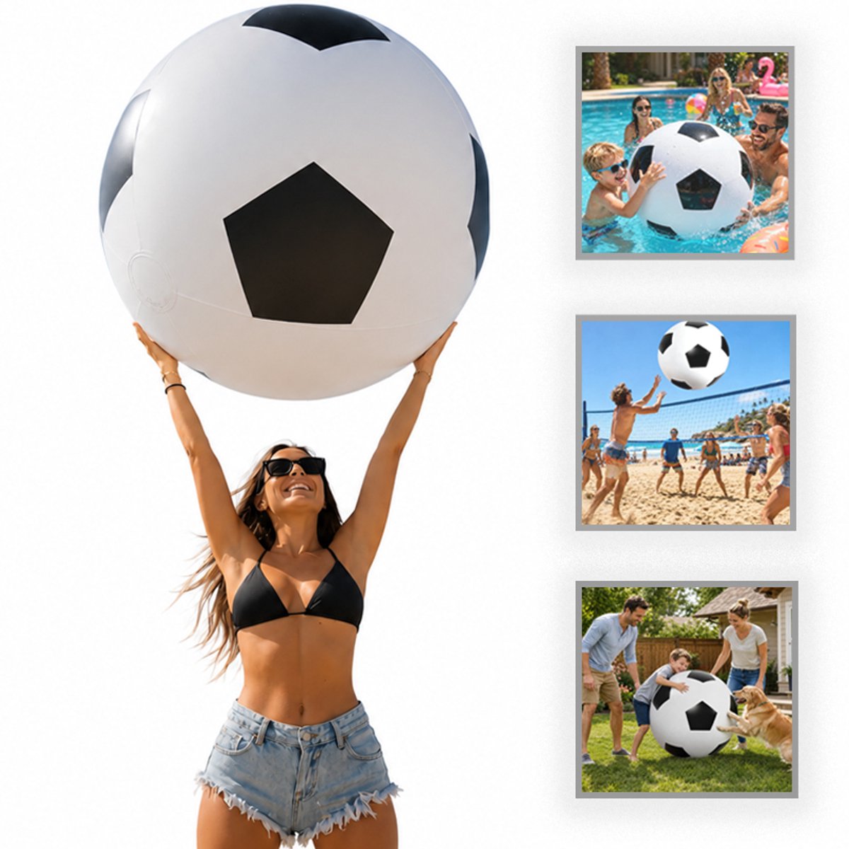 VHV - Voetbal - Opblaasbare bal - Strandbal - XXL Voetbal - Grote speelbal - Met handpomp - Voor buiten en strand - 100 cm - Zwart-wit