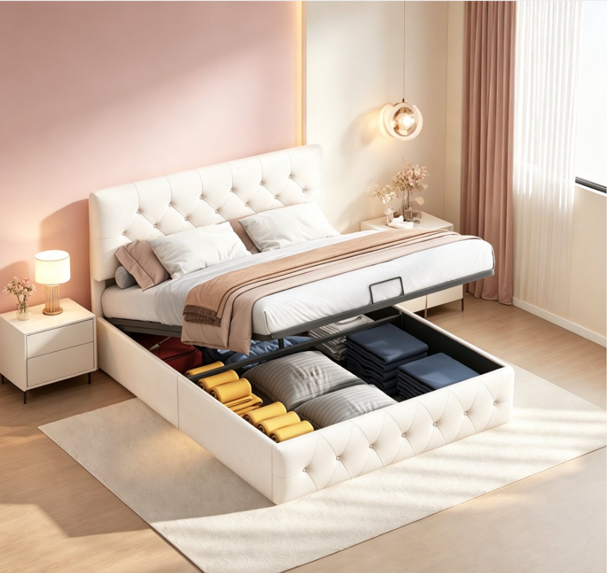 ROSAHQNDA Gestoffeerd bed tweepersoonsbedframe, hydraulisch bed met grote opbergruimte, beige fluweel, 160 x 200 cm, zonder matras (verzonden in 2 pakketten)