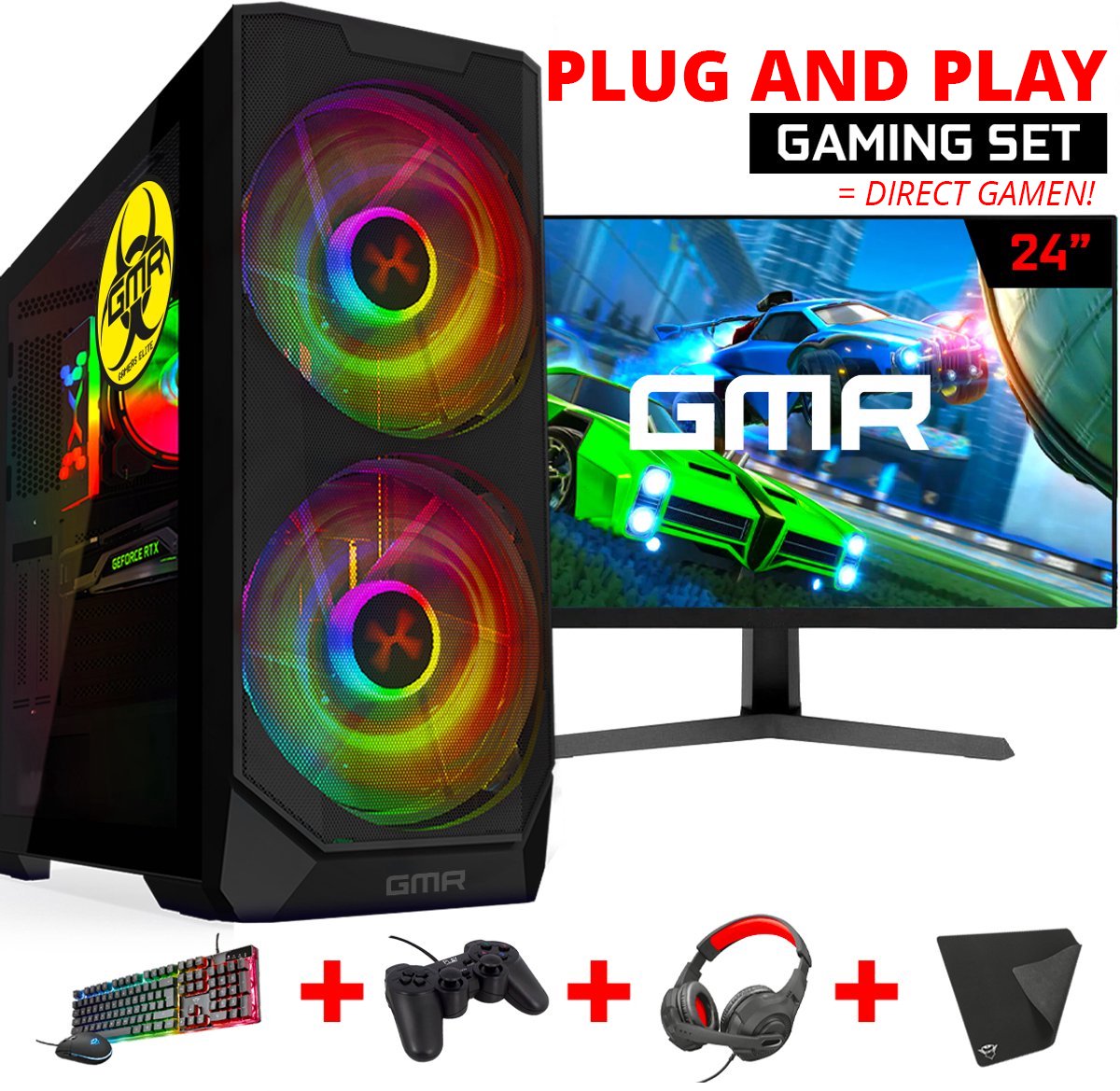 Complete Gaming PC Set Ryzen 5 RTX 3050 16GB 500GB SSD Inclusief 24 Inch Monitor, Headset, Controller, Toetsenbord en Muis – Geschikt voor Minecraft, Fortnite, Roblox & GTA V