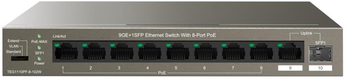 Tenda - TEG1110PF-8-120W Serie - Netwerkswitch - 9x1GbE - 1xSFP - PoE