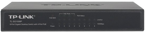 Zwarte TP-Link TL-SG1008P netwerkswitch met 8 poorten, 4 PoE poorten en statusindicatoren.