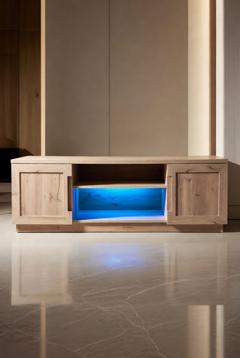 Luxe TV-Meubel met LED Verlichting - Eiken - Verlichting – Modern TV-Lowboard – - Medahomestore