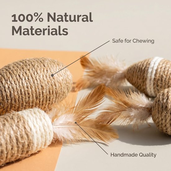 Natuurlijke touwen en bruine veren, 100% natuurlijke materialen, veilig om op te kauwen, handgemaakte kwaliteit.