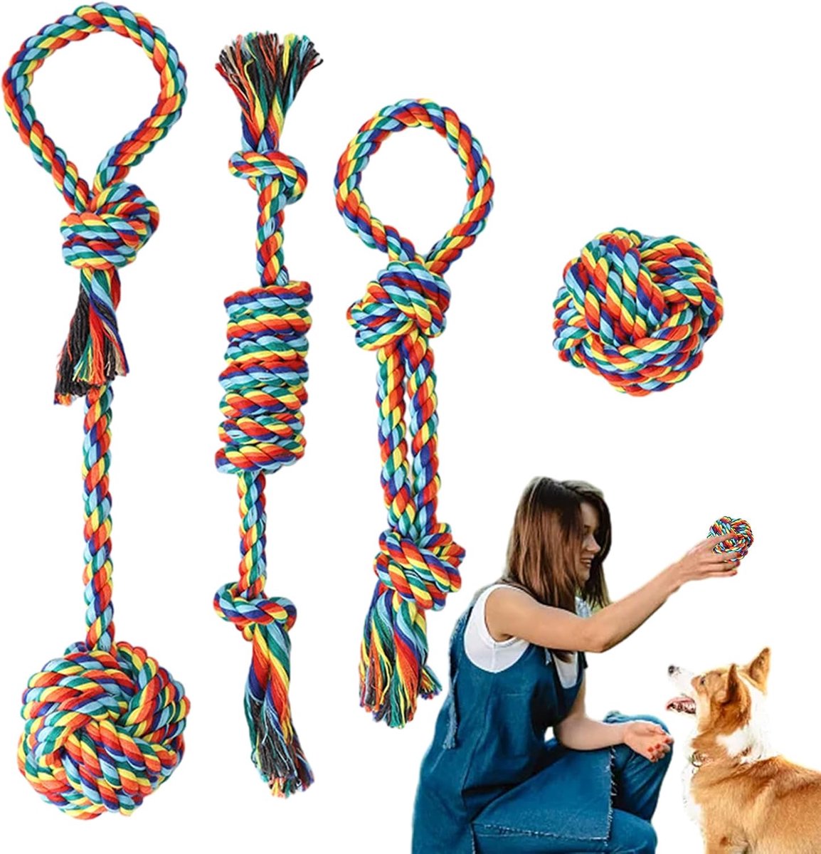 Hondentouw Speelgoed - Kauwspeelgoed Honden - Interactief Spelen - Set van 4 Stuks - Zwaar Materiaal - Kleurrijk