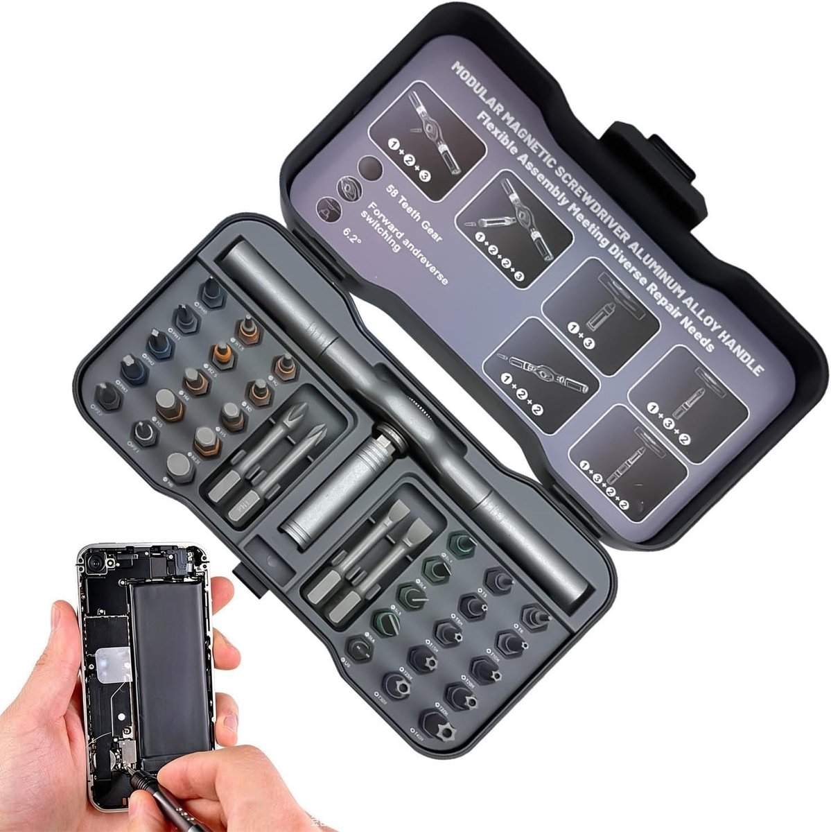 Schroevendraaierset - Multifunctioneel Gereedschap - Huishoudelijke Reparatie - Magnetische Ratel - 34 Delig - Grijs
