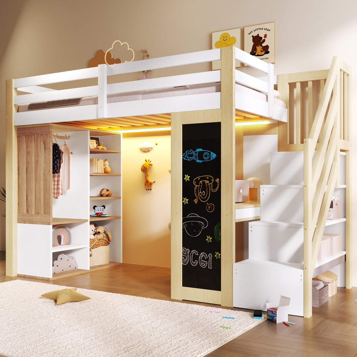 MEUNIQ hoogslaper 90 x 200 cm met bureau, opbergrek, kledingkast, opbergladder, krijtbord en LED-verlichting voor kinderkamer, wit en naturel White+Natural