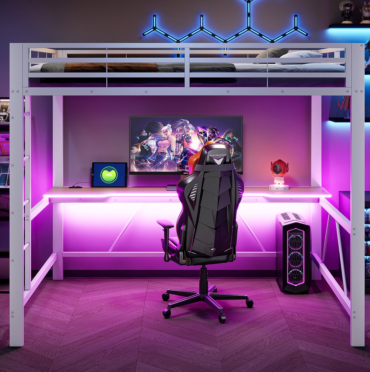 MEUNIQ hoogslaper 140x200 met bureau, LED-verlichting, ladder, metalen bedframe en uitvalbeveiliging voor slaapkamer of kinderkamer, wit White