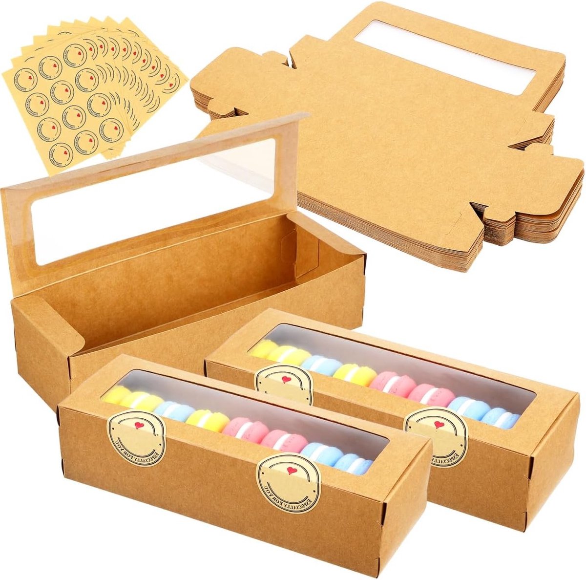 Set van 50 Macaron Dozen met Kijkvenster, Ideaal voor Truffels, Desserts en Mini Cupcakes, Inclusief Stickers voor Bakkerijen
