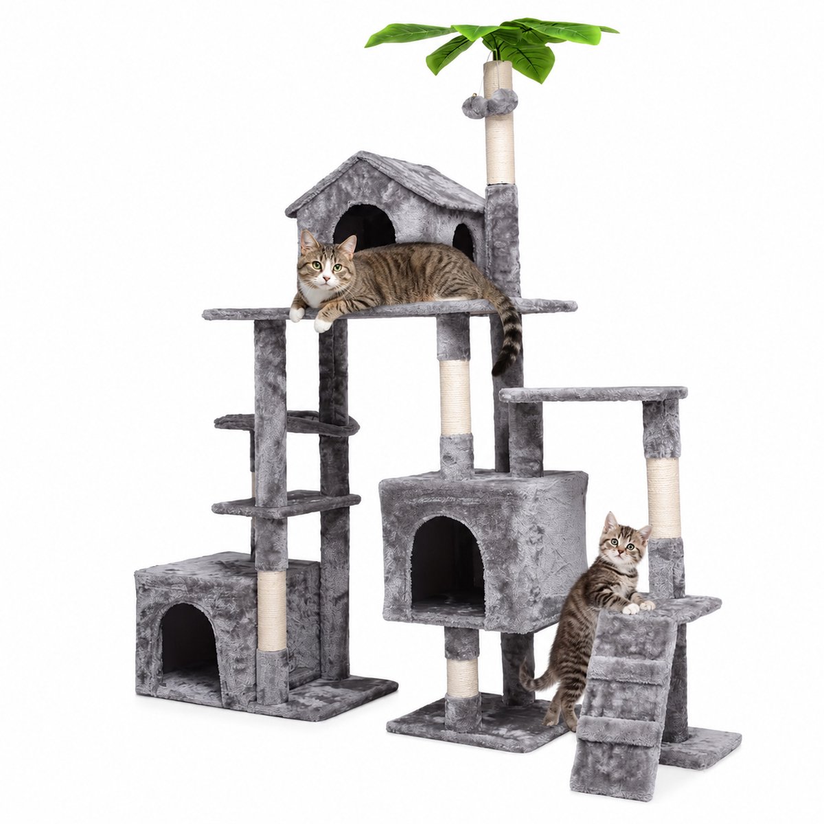CINK Pets® Luxe Kattenboom XXL 150 cm – Grote Krabpaal met Kattenhuis, Hangmat, Ladder & Palmboom – Kattenmeubel voor Grote Katten – Grijs
