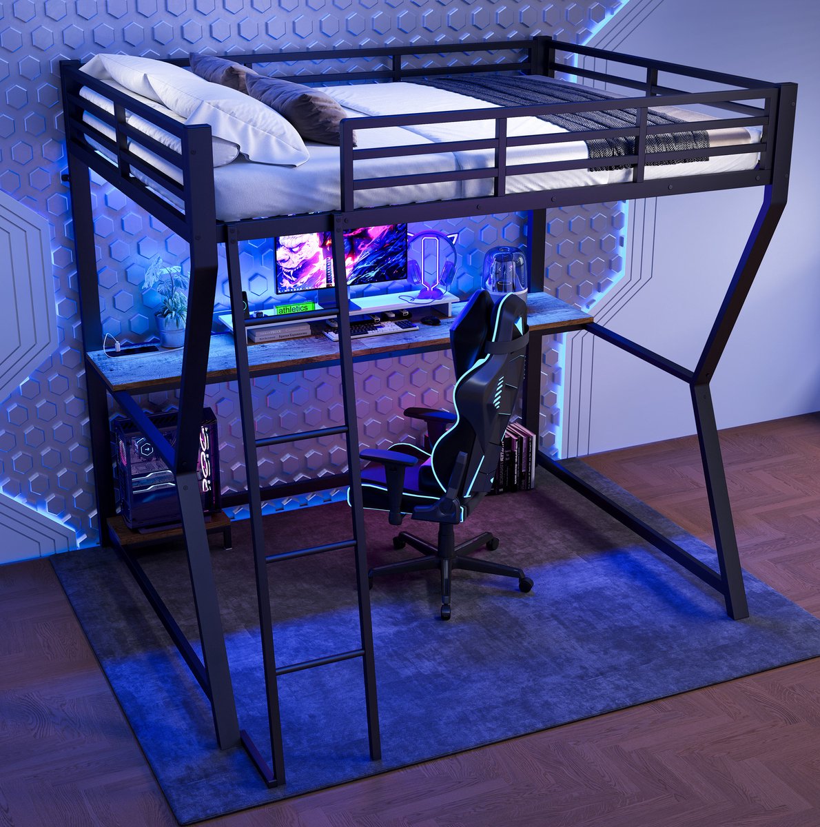 MEUNIQ Hoogslaper 140 x 200 cm met bureau, LED-verlichting, computeropslag, stopcontact en USB, metalen frame, zwart voor slaapkamer Black