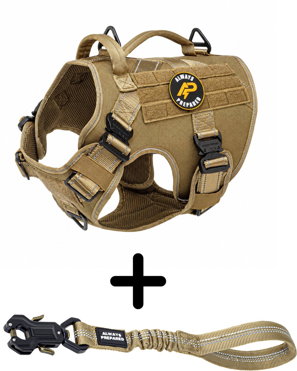 Always Prepared® Combi-Deal Pro – Reflecterend Hondentuig + Korthouder – Anti-Trek Harnas – Khaki Reflecterend – Maat M/L – Voor Middelgrote & Grote Honden – Extra Zichtbaarheid