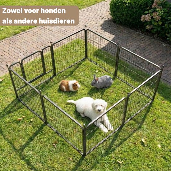 Zwarte metalen puppyren in de tuin met een cavia, een konijn en een witte puppy.