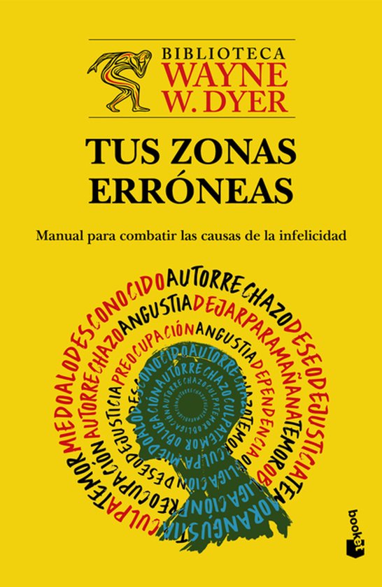 Geel boekcover van 'Tus Zonas Erróneas' door Wayne W. Dyer, met een spiraalvormige tekst in kleur.