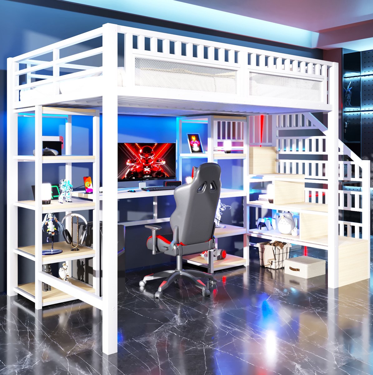 MEUNIQ Hoogslaper 140 x 200 cm met bureau, opbergrekken, ladder met opbergruimte, LED-verlichting en USB-aansluiting, metalen bedframe voor slaapkamer/kinderkamer, wit