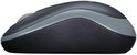 Zijkant van een antracietgrijze Logitech M185 muis met grijze strip en scrollwiel.