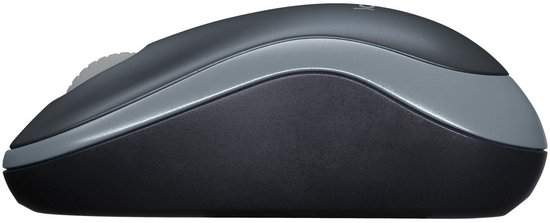 Zijkant van een antracietgrijze Logitech M185 muis met grijze strip en scrollwiel.