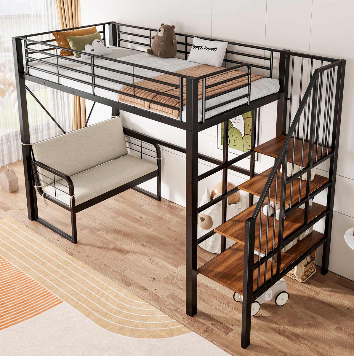 MEUNIQ hoogslaper 90 x 200 cm met metalen frame, afneembare gestoffeerde bank, opbergtrap en open ruimte onder het bed voor slaapkamer, zwart Black
