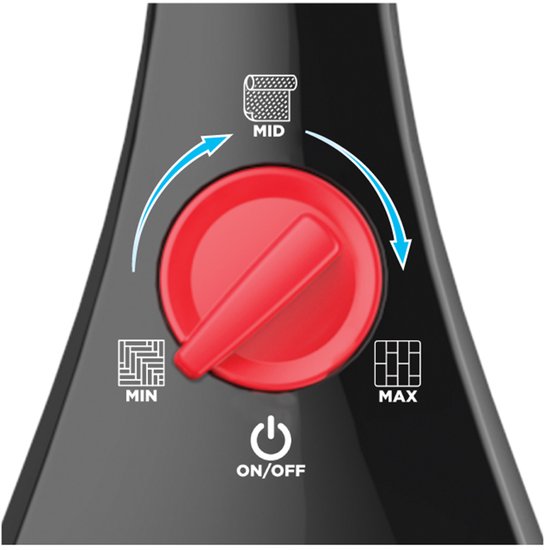 Draaibare rode knop op de Vileda stoomreiniger voor instelling van stoomniveau (Min, Mid, Max) en aan/uit-functie.