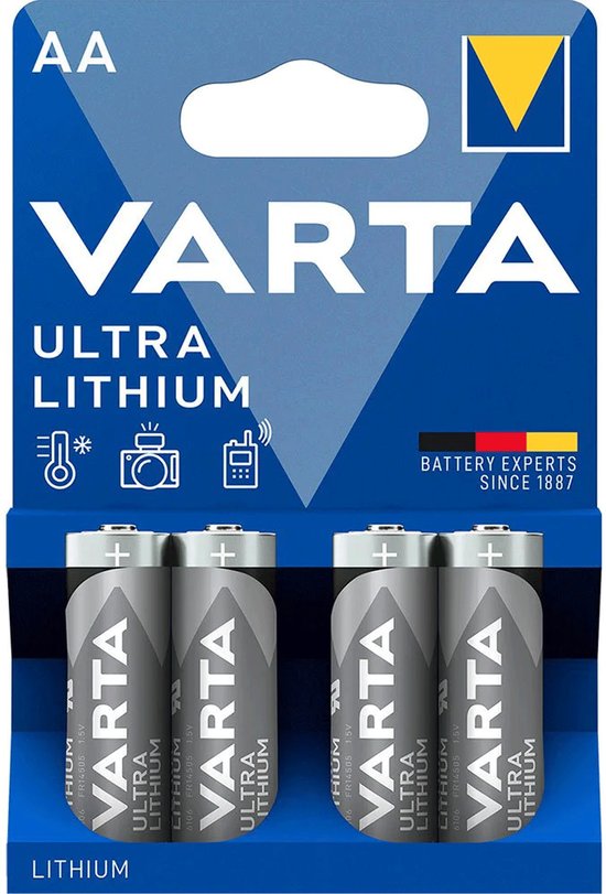 Verpakking met vier Varta Ultra Lithium AA batterijen in de kleuren grijs en zilver, met blauwe en gele accenten.