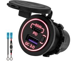 ProRide 12-24V USB/USB C Autolader 2 Poorten Inbouw - 65W QC3.0 - Snellader - Rood - Met Aansluitkabel