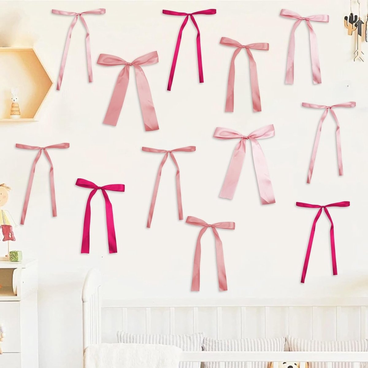 12 stuks roze satijnen strikken voor wanddecoratie, feestversiering, babyshower en slaapkamerdecoratie