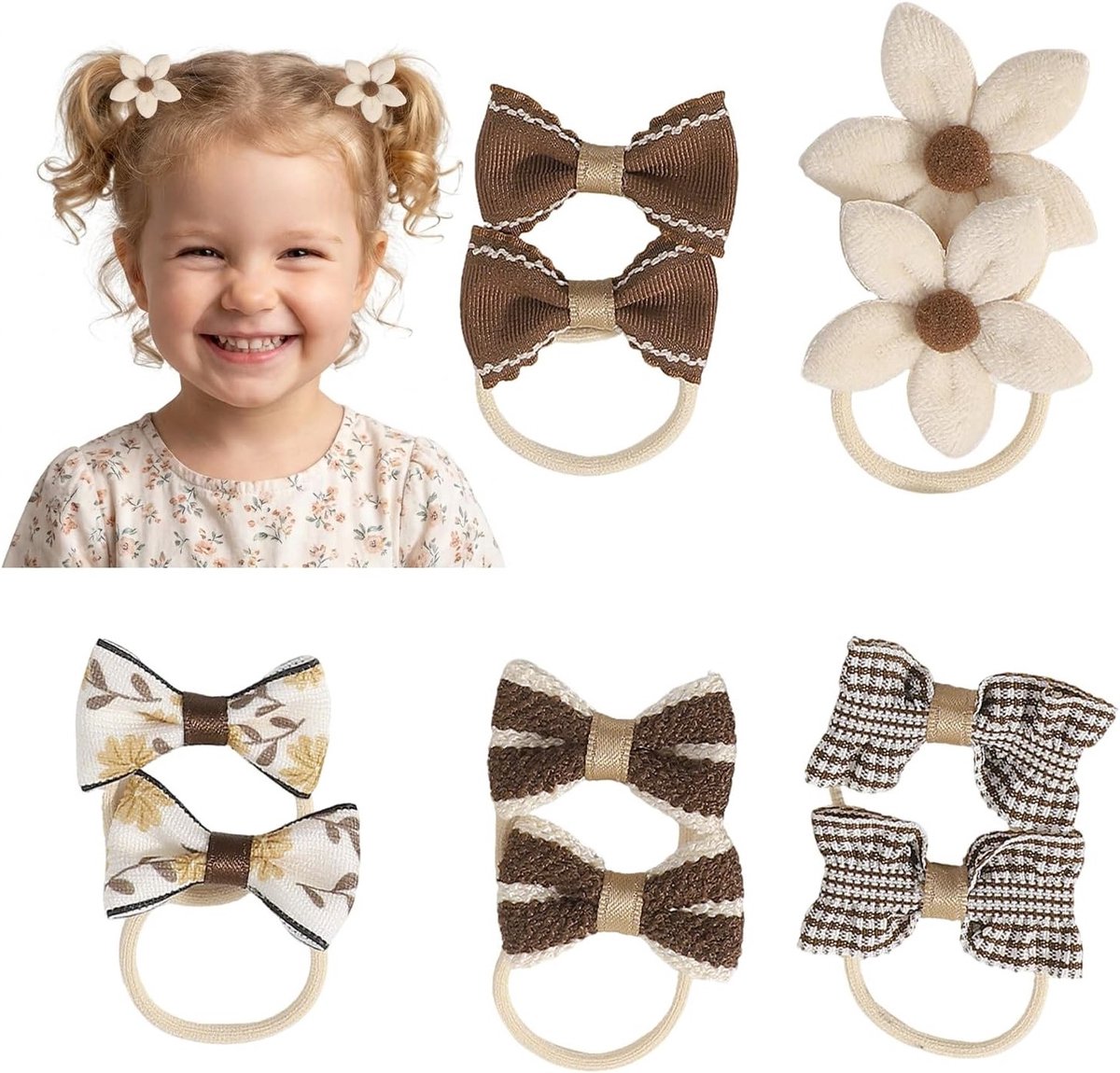 Zachte elastische haarbanden voor baby's met strikjes - 10 stuks ponytail houders voor peuters en kinderen (bruin)
