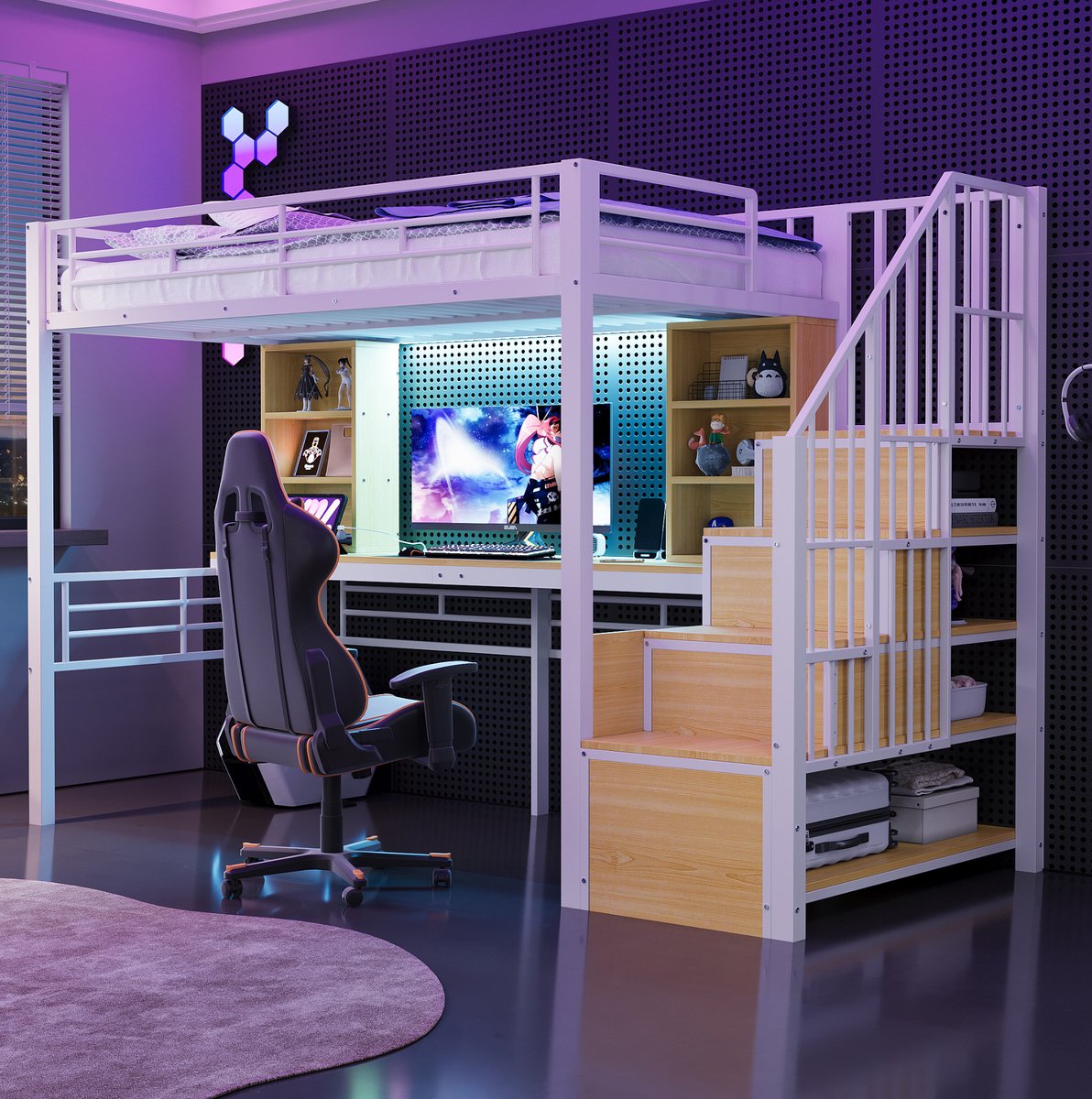 MEUNIQ hoogslaper 90 x 200 cm met bureau, opbergladder links of rechts monteerbaar, LED-verlichting, Europese stopcontacten, uitvalbeveiliging en opbergruimte, wit White