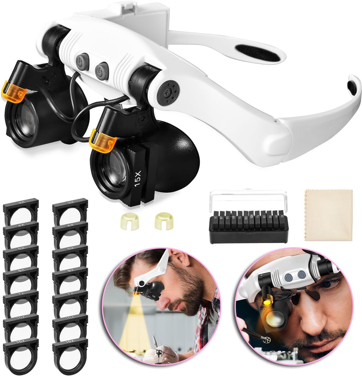 Vergrootglas - 3x/4x/5x/6x/7x/10x/15x Tot 25x Combinatie - 2 LED-Lampjes Verstelbare Hoek - ABS & Acryl - Voor Sieraden Reparaties En Lezen - Wit & Zwart
