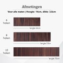 Afmetingen van kapstokken met 6, 8, en 10 haken, 14cm hoog en 3.5cm dik. Bruin walnoot.