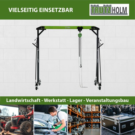 Groene en zwarte portaalkraan van 2 ton, 'Vielseitig Einsetzbar' (veelzijdig inzetbaar). Afbeeldingen tonen gebruik in landbouw, werkplaats, opslag en evenementenbouw.