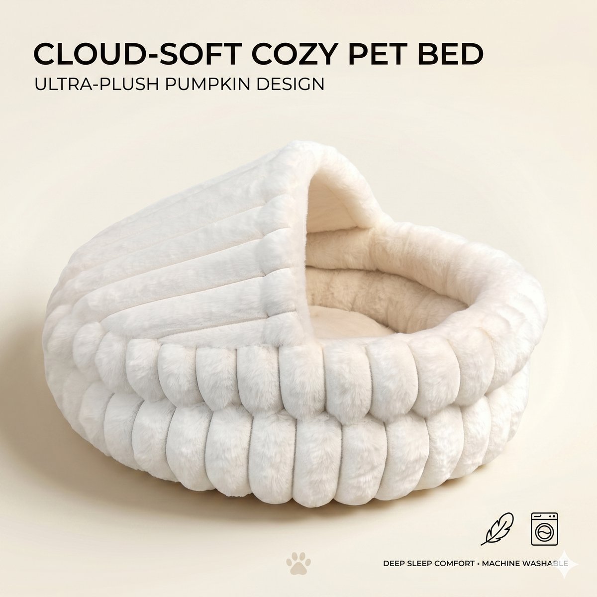 Sir.Pawsalot Luxe Overdekte Kattenmand & Hondenmand - Ribbel Donut Bed met Dakje - Iglo Holletje - Wasbaar Anti-Stress Kussen - Ø 60 cm - Ivoorwit