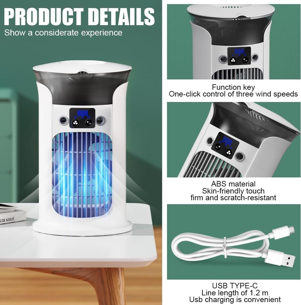 Mini-draagbare airconditioner, kleine draagbare luchtkoeler voor kamers, draagbare airco-unit, stille mobiele airconditioner zonder afvoerslang (wit) thumbnail 8