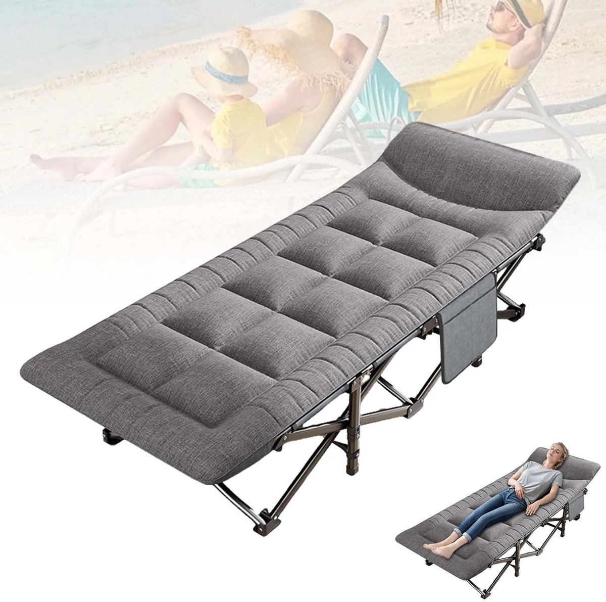 Vécarti – Opvouwbaar Kampeerbed – Draagbaar Logeerbed met Kussen – Ingebouwd Zijvak – Outdoor Reisbed / Gastenbed – Compact & Comfortabel – Donkergrijs