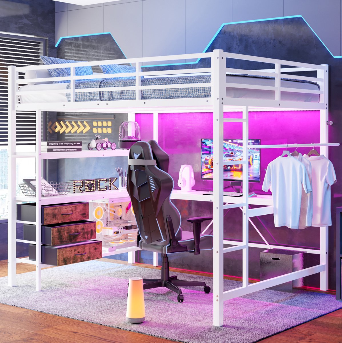 MEUNIQ Hoogslaper 140x200 cm met bureau, LED-verlichting, stopcontact en USB, 3 lades, opbergrekken, ladder en uitvalbeveiliging, wit White