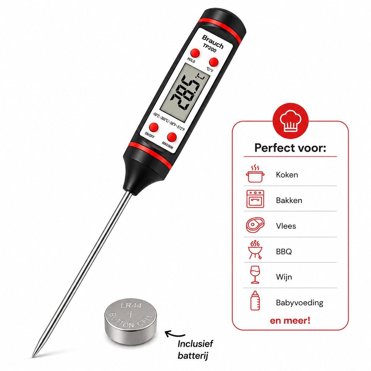 Bol.com Brauch TP200 Digitale Keukenthermometer – Vleesthermometer BBQ – Voedselthermometer met RVS Sonde – Waterdicht – LCD Dis... aanbieding