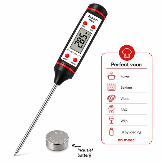 Digitale keukenthermometer van Brauch TP200 met RVS probe, zwart met rode accenten. Perfect voor koken, bakken, vlees, BBQ, wijn, babyvoeding.